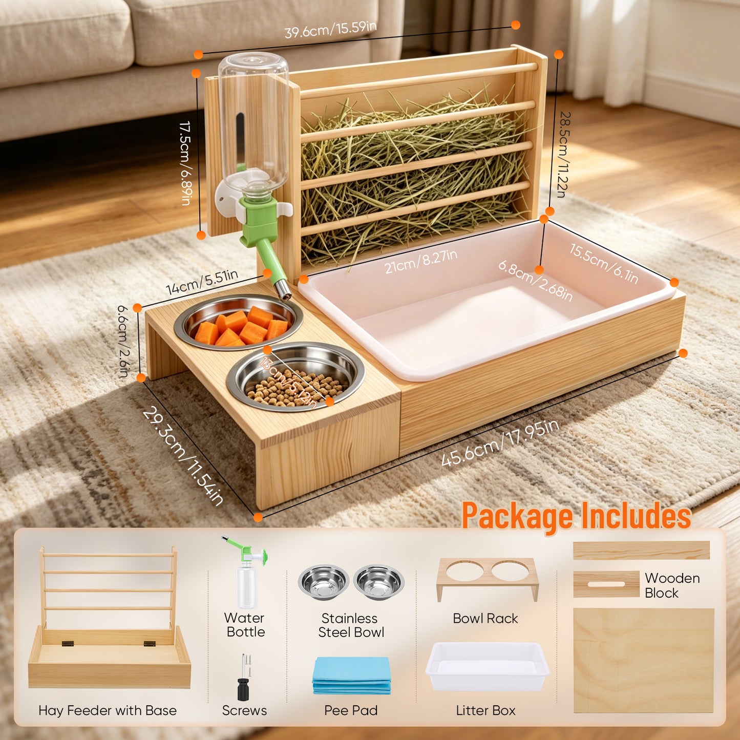 4-in-1 Hay Grater For Rabbits, Feeding Station Removable Hay Distributor For Guinea Pigs With Litter Tray, 2 Trays And Bottle Wood Feeder For Small Animals