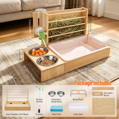 4-in-1 Hay Grater For Rabbits, Feeding Station Removable Hay Distributor For Guinea Pigs With Litter Tray, 2 Trays And Bottle Wood Feeder For Small Animals