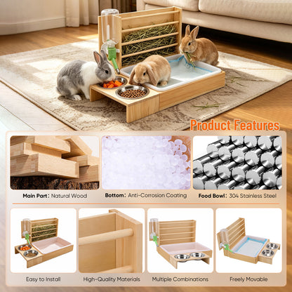 4-in-1 Hay Grater For Rabbits, Feeding Station Removable Hay Distributor For Guinea Pigs With Litter Tray, 2 Trays And Bottle Wood Feeder For Small Animals