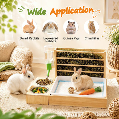 4-in-1 Hay Grater For Rabbits, Feeding Station Removable Hay Distributor For Guinea Pigs With Litter Tray, 2 Trays And Bottle Wood Feeder For Small Animals