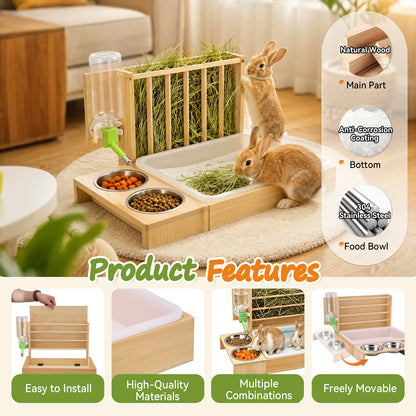 4-in-1 Hay Grater For Rabbits, Feeding Station Removable Hay Distributor For Guinea Pigs With Litter Tray, 2 Trays And Bottle Wood Feeder For Small Animals